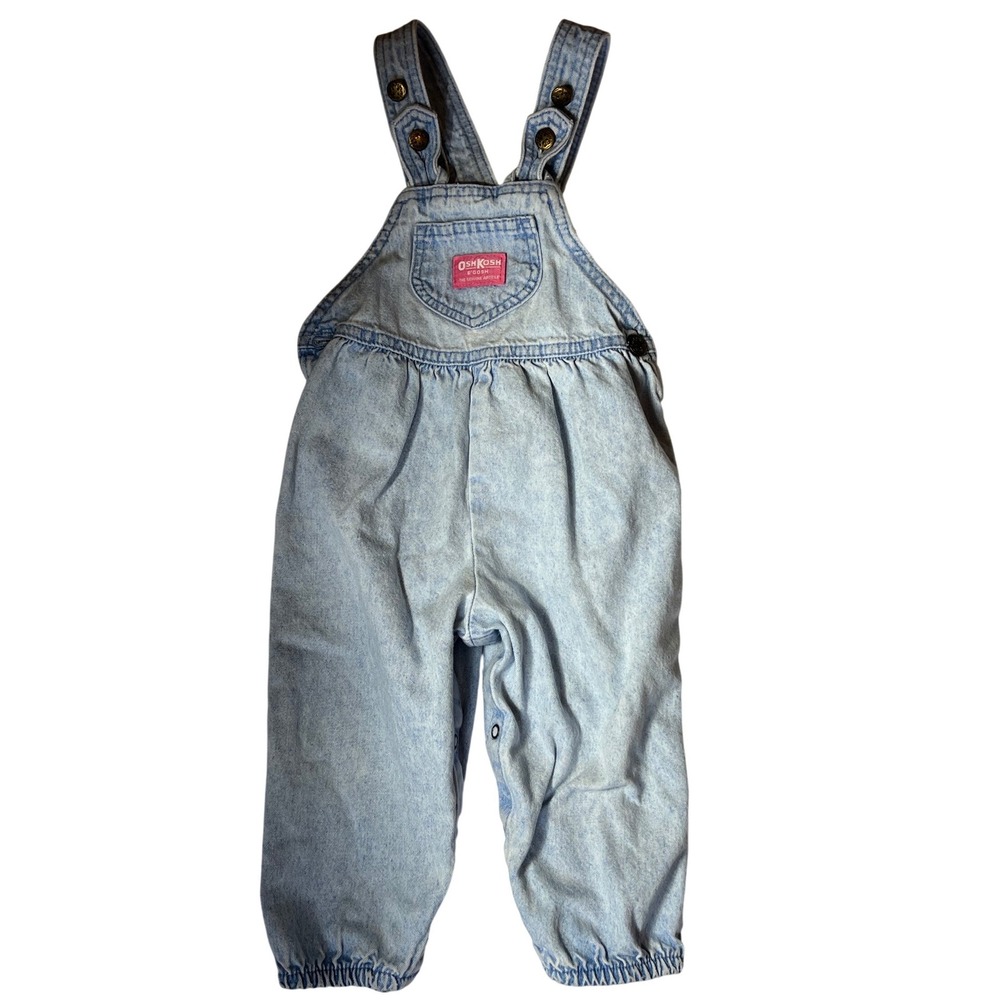 Vintage‎ OshKosh Bgosh Denim Overalls Light Wash Acid Pink Label Bubble Leg 3T